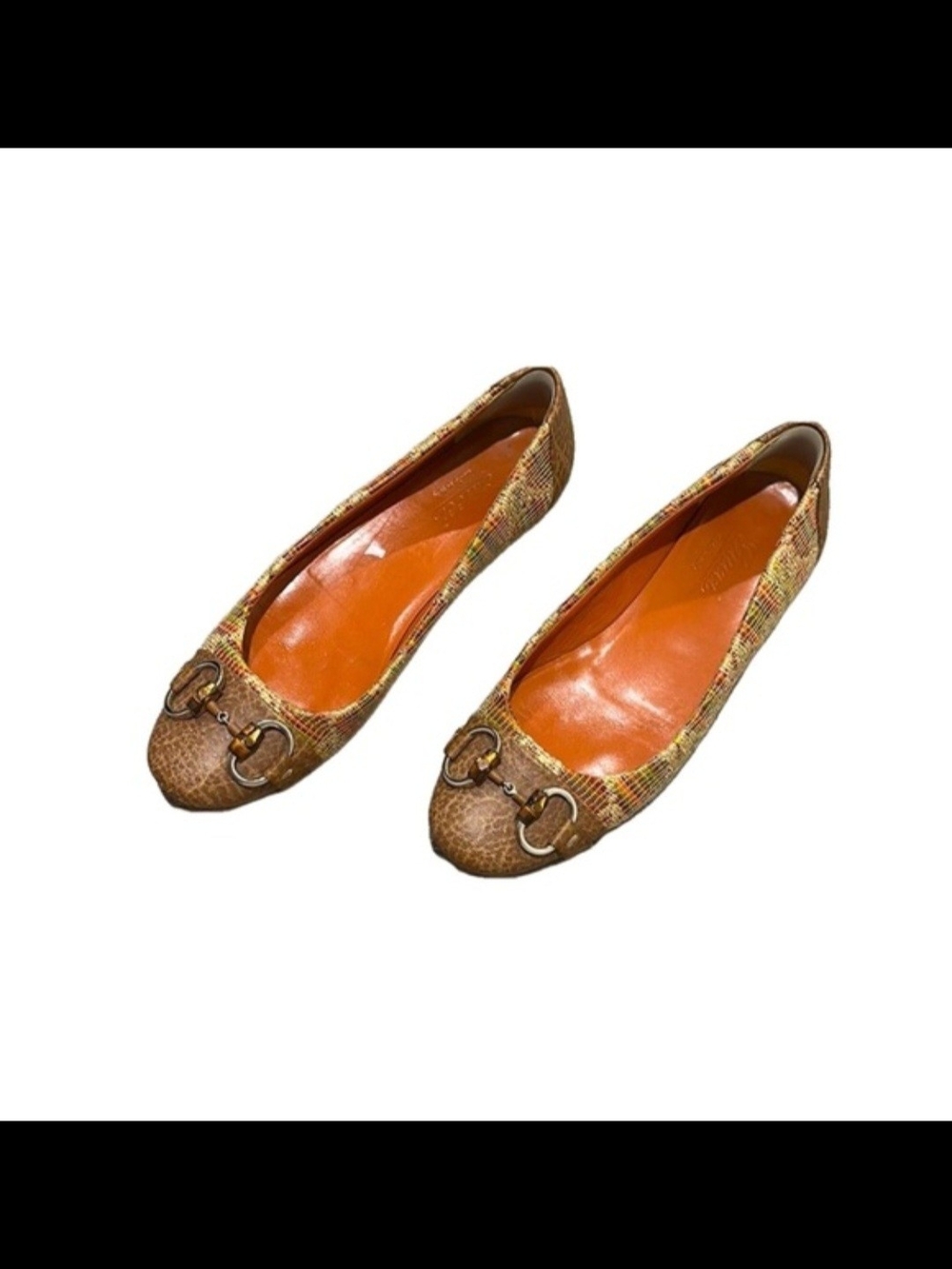 SOLD Gucci Brown and Orange Snake-Effect Ballet Flats with Gold Horsebit Detail